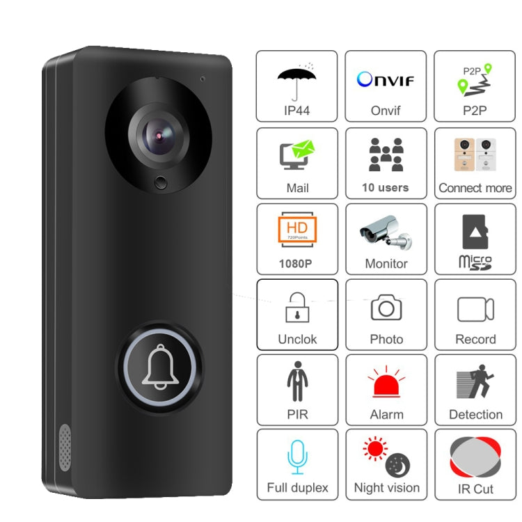 1080P Wireless Intelligent Video Doorbell Mobile Remote Monitoring HD Security Intercom Doorbell(Black)