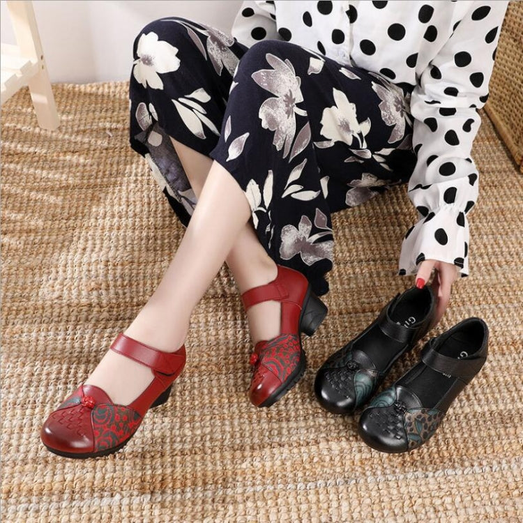 Women Shoes Leather Square Heel Shoes, Size:37(Black)