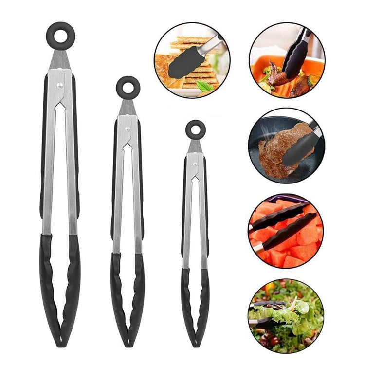 3 in 1 Stainless Steel Bread Barbecue Food Clip Silicone Baking Tools Set (Black)