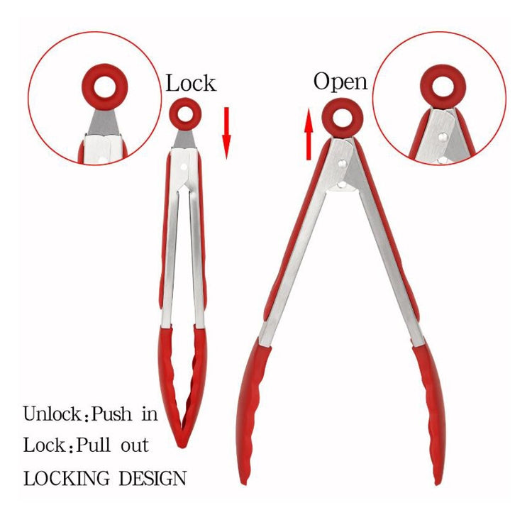 3 in 1 Stainless Steel Bread Barbecue Food Clip Silicone Baking Tools Set (Red)