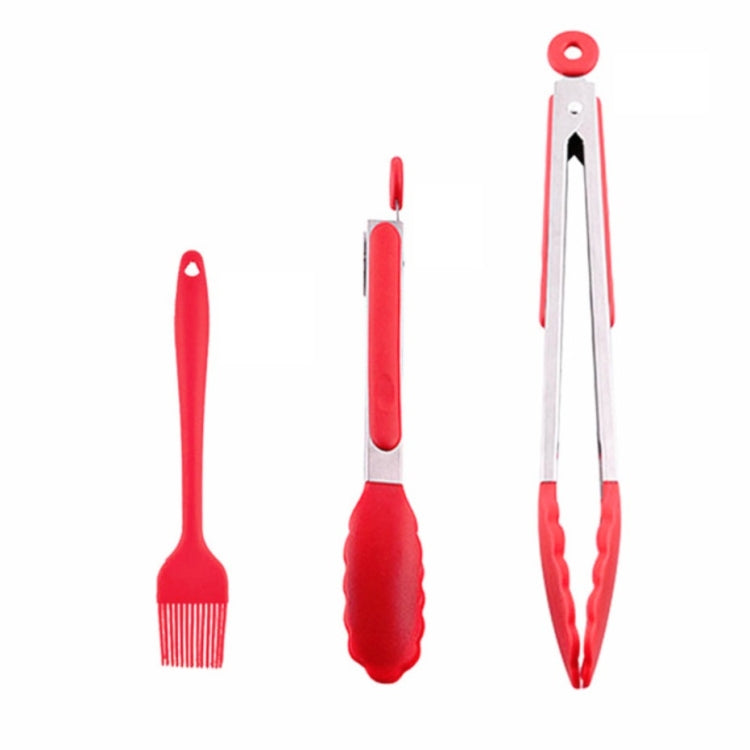 3 in 1 Silicone Food Clip Set 9 / 12 Inch Stainless Steel Clip Barbecue Brush Oil Tool(Red)