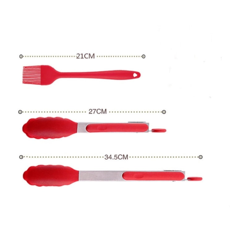 3 in 1 Silicone Food Clip Set 9 / 12 Inch Stainless Steel Clip Barbecue Brush Oil Tool(Red)