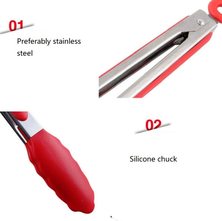 3 in 1 Silicone Food Clip Set 9 / 12 Inch Stainless Steel Clip Barbecue Brush Oil Tool(Red)