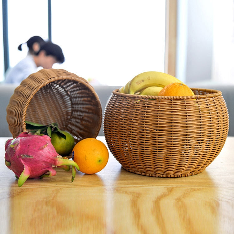 Round Snack Basket Rattan Woven Home Fruit and Vegetable Storage Basket Kitchen Drain Basket, Size:25 x 18 cm(Brown)