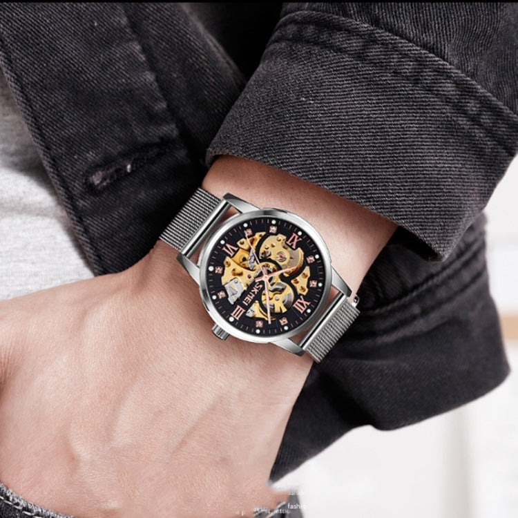 SKMEI 9199 Men Automatic Mechanical Watch Mesh Belt Gear Skeleton Watch