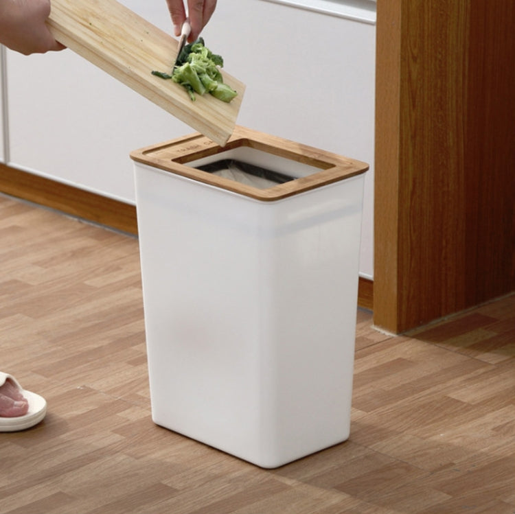 Bamboo Cover Trash Can Household Living Room Kitchen Paper Basket, Capacity:9L(White)