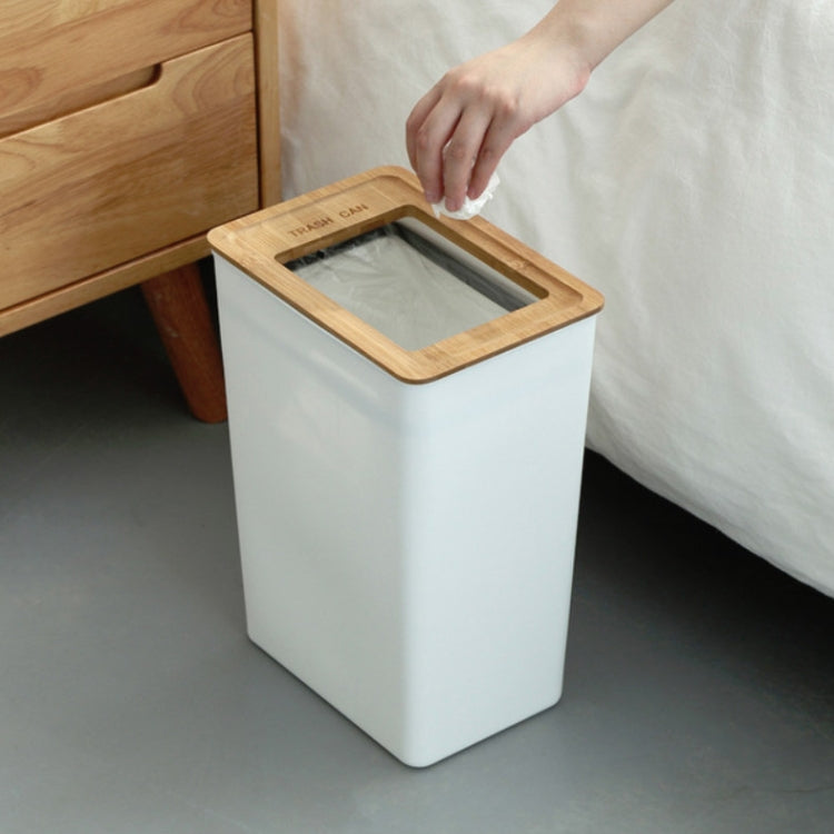 Bamboo Cover Trash Can Household Living Room Kitchen Paper Basket, Capacity:9L(White)