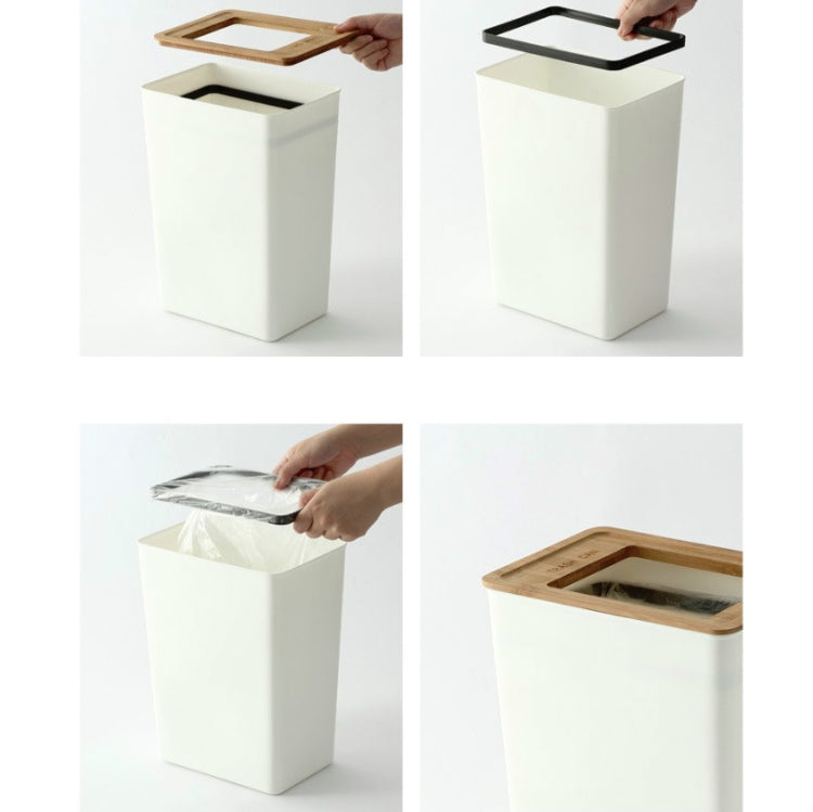 Bamboo Cover Trash Can Household Living Room Kitchen Paper Basket, Capacity:9L(White)