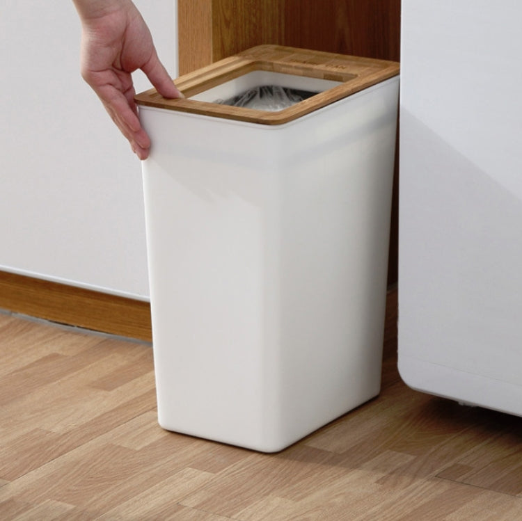 Bamboo Cover Trash Can Household Living Room Kitchen Paper Basket, Capacity:7.5L(White)