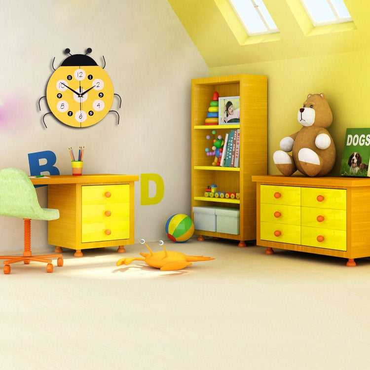 Cartoon Living Room Clock Wall Clock Wooden Home Clock Children Room Decoration Quartz Clock(Yellow)