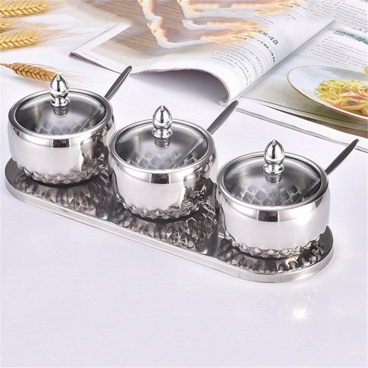 3 in 1 Creative Stainless Steel Seasoning Jar Glass Lid Seasoning Bottle Combination Set With Spoon