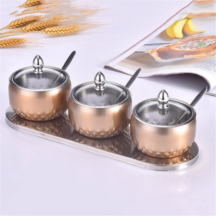 3 in 1 Creative Stainless Steel Seasoning Jar Glass Lid Seasoning Bottle Combination Set With Spoon