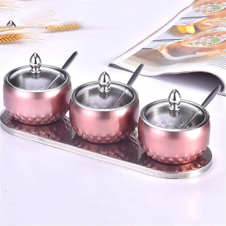 3 in 1 Creative Stainless Steel Seasoning Jar Glass Lid Seasoning Bottle Combination Set With Spoon