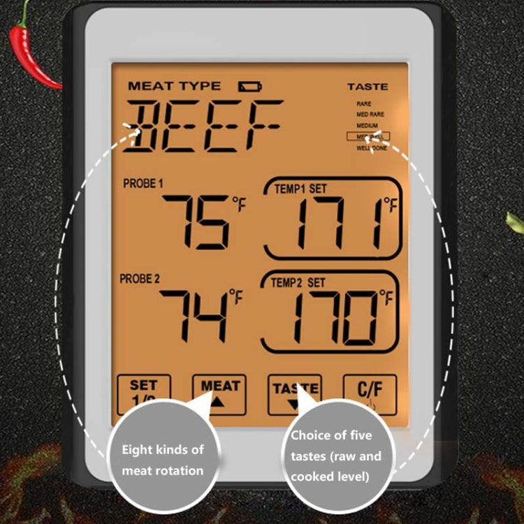 CH-212 Dual Probe Color Screen Smart Alarm Grill Kitchen Thermometer, Color:Orange Backlight