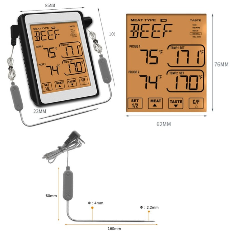 CH-212 Dual Probe Color Screen Smart Alarm Grill Kitchen Thermometer, Color:Orange Backlight