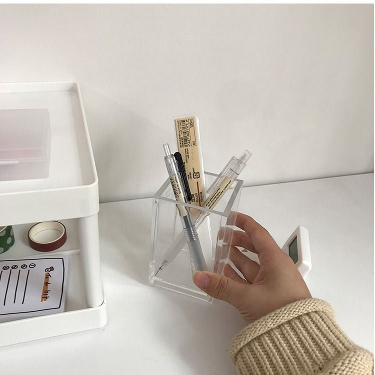 2 PCS Transparent Acrylic Pen Holder Student Office Desktop Storage Box