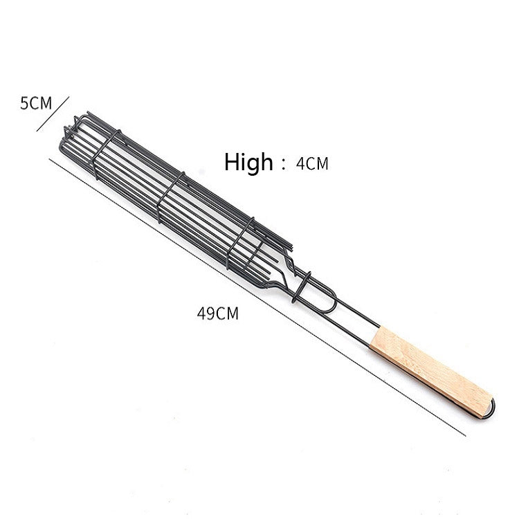 2 PCS Hot Dog Barbecue Cage Sausage Barbecue Clip Barbecue Clip Mesh Wooden Handle Barbecue Mesh Rack, Color:Red