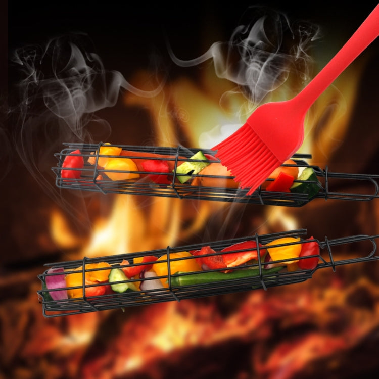 2 PCS Hot Dog Barbecue Cage Sausage Barbecue Clip Barbecue Clip Mesh Wooden Handle Barbecue Mesh Rack, Color:Red