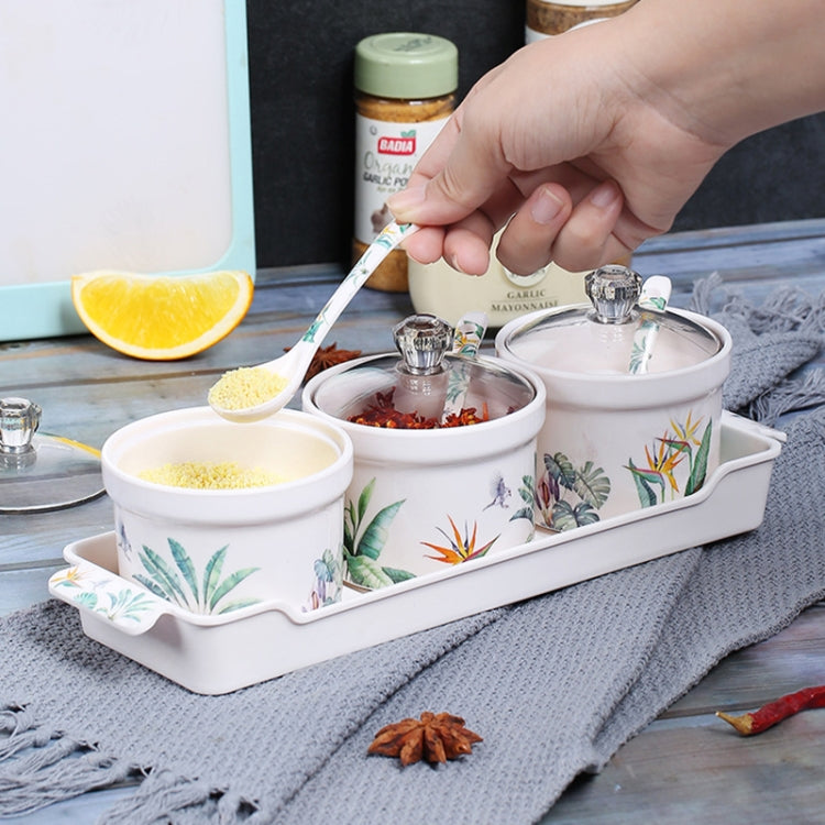 3 in 1 Seasoning Jar Set Creative Green Plant Multifunctional Kitchen Utensils with Spoon & Chassis(Creative Plants)