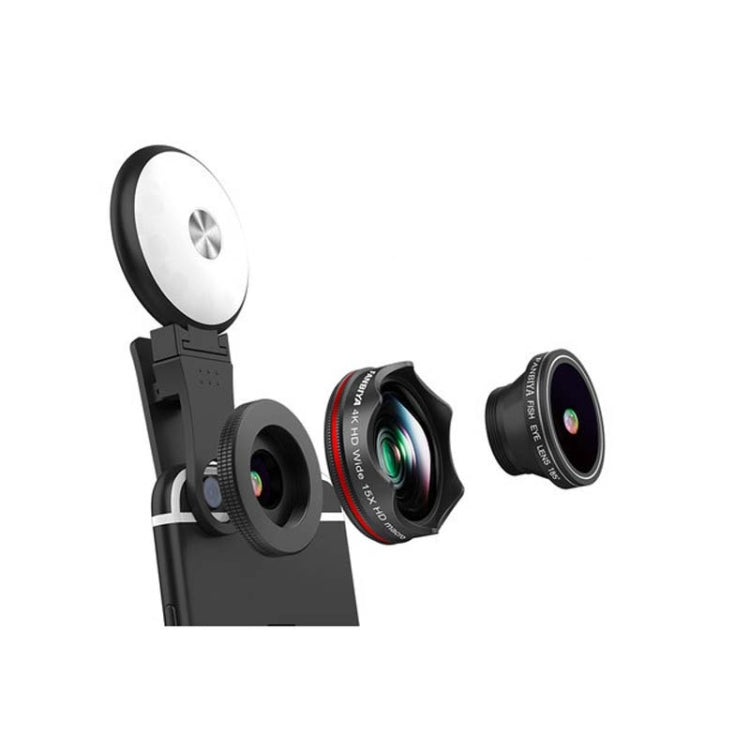4 in 1 Wide Angle + Macro + Fisheye + Fill Light Mobile Phone SLR Camera Lens