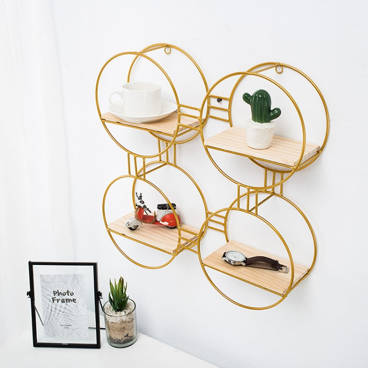 Punch-free Wall Shelf Wrought Iron Shelf Decorative Wall Hanging Ornaments Placing Shelf, Colour: TY01 Golden four ring round
