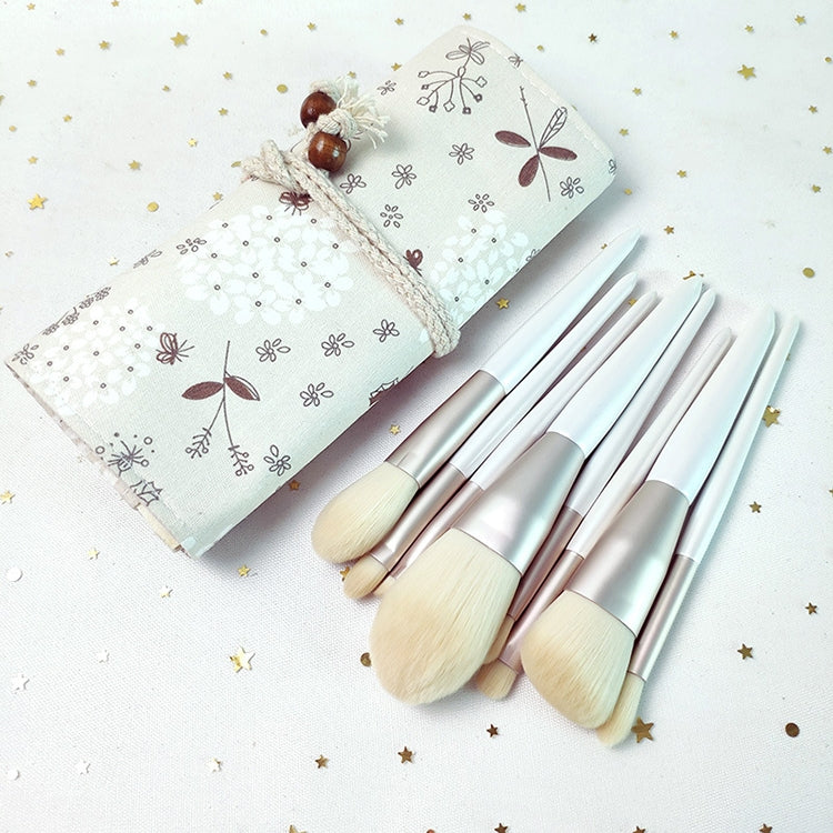 8 in 1 Makeup Brush Set Beginner Portable Soft Hair Facial Beauty Brush, Exterior color: 8 Jade White + Floral Bag