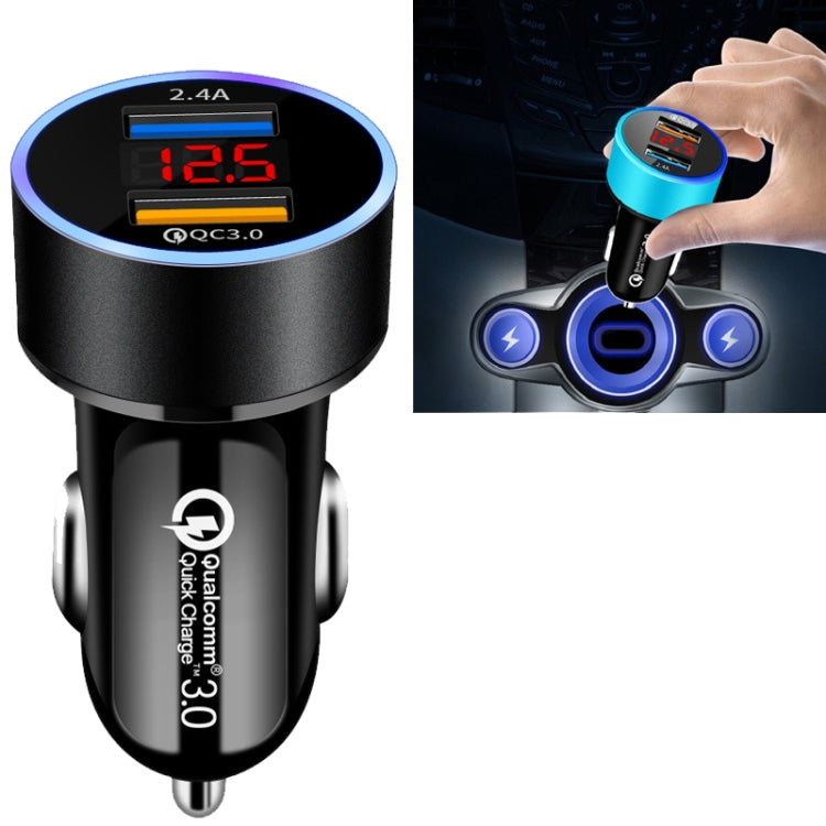 2 PCS Aluminum Ring Display Car Charger  QC3.0+2.4A Aluminum Alloy Multi-function Halo Digital Display Car Charger