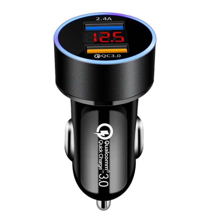 2 PCS Aluminum Ring Display Car Charger  QC3.0+2.4A Aluminum Alloy Multi-function Halo Digital Display Car Charger