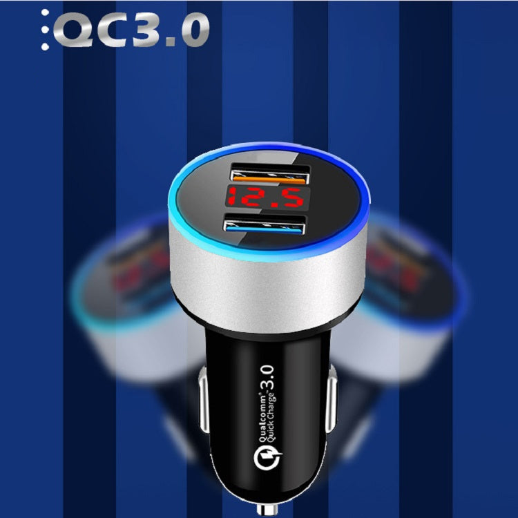 2 PCS Aluminum Ring Display Car Charger  QC3.0+2.4A Aluminum Alloy Multi-function Halo Digital Display Car Charger