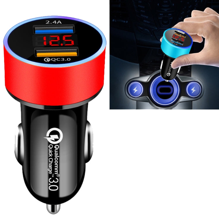 2 PCS Aluminum Ring Display Car Charger  QC3.0+2.4A Aluminum Alloy Multi-function Halo Digital Display Car Charger