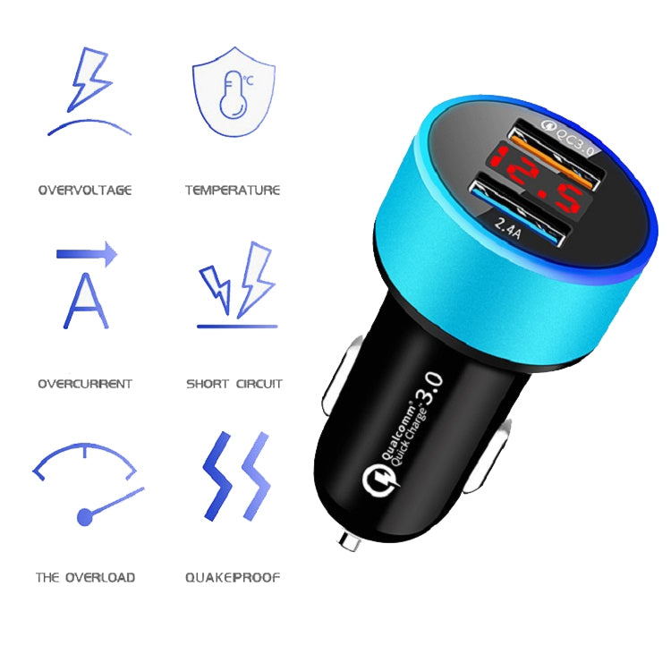 2 PCS Aluminum Ring Display Car Charger  QC3.0+2.4A Aluminum Alloy Multi-function Halo Digital Display Car Charger
