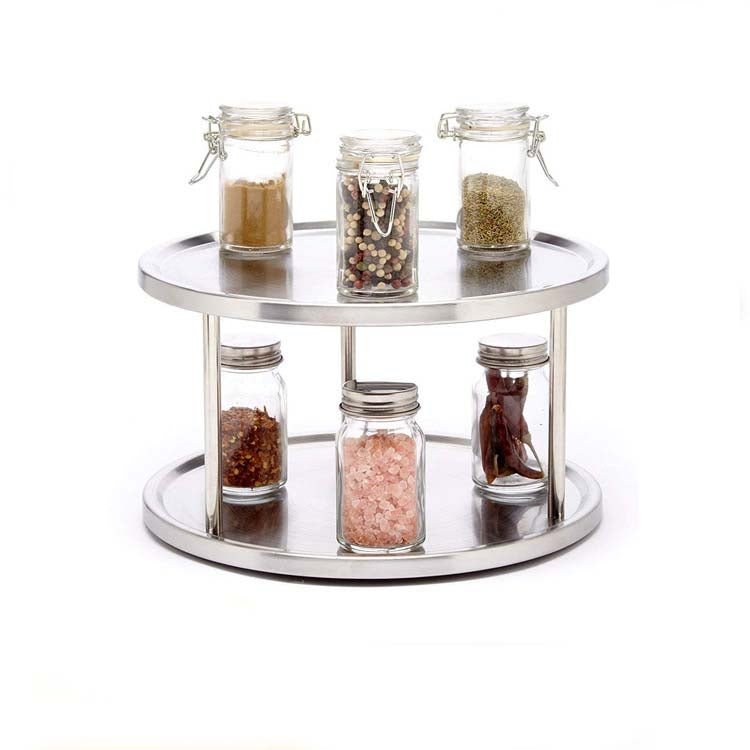 Stainless Steel Rotating Double Layer Turntable Dinner Plate Rack Spice Bottle Kitchen Shelves