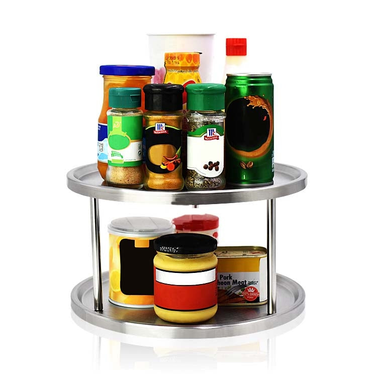Stainless Steel Rotating Double Layer Turntable Dinner Plate Rack Spice Bottle Kitchen Shelves