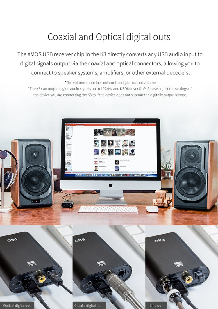 FiiO K3 Portable Headphone Amplifier DSD USB DAC for PC, Support COAXIAL / OPTICAL / 2.5 BALANCE(Black)