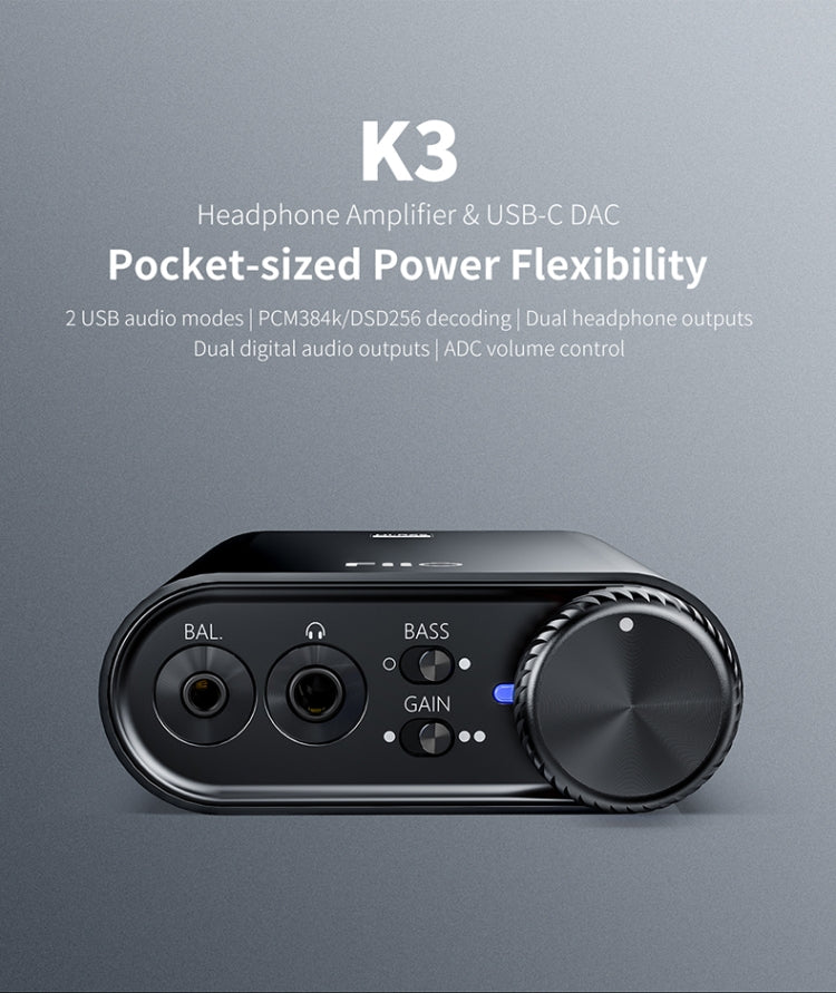 FiiO K3 Portable Headphone Amplifier DSD USB DAC for PC, Support COAXIAL / OPTICAL / 2.5 BALANCE(Black)