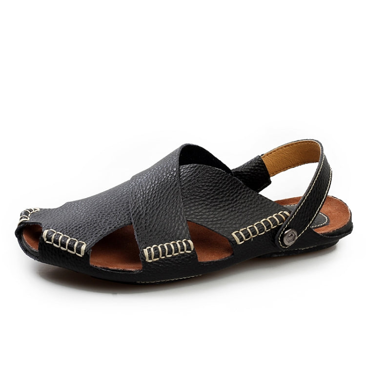 Men Summer Shoes Outdoor Casual Sandals Leather Cowhide Slippers Beach Shoes, Size:38(Black)