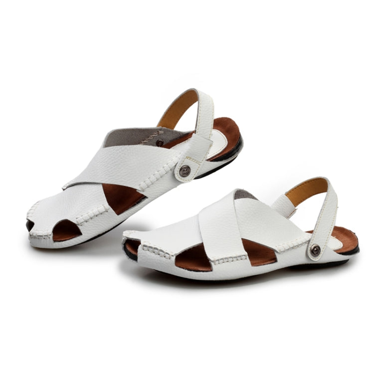 Men Summer Shoes Outdoor Casual Sandals Leather Cowhide Slippers Beach Shoes, Size:40(White)