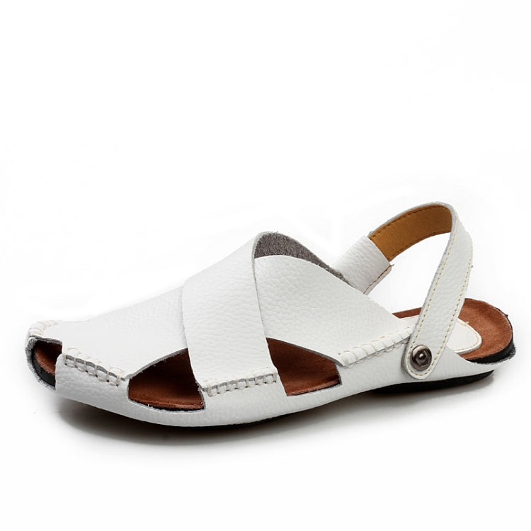 Men Summer Shoes Outdoor Casual Sandals Leather Cowhide Slippers Beach Shoes, Size:40(White)