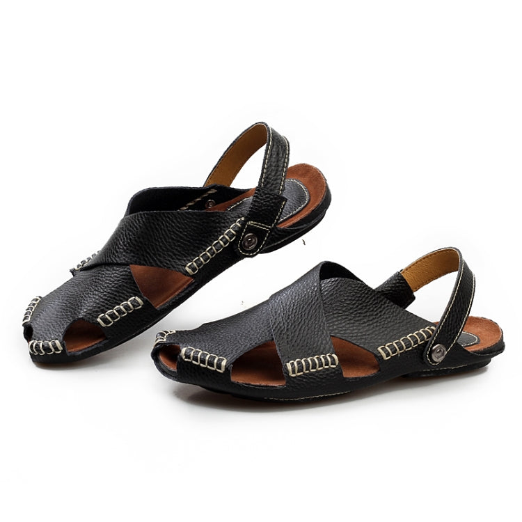 Men Summer Shoes Outdoor Casual Sandals Leather Cowhide Slippers Beach Shoes, Size:42(Black)