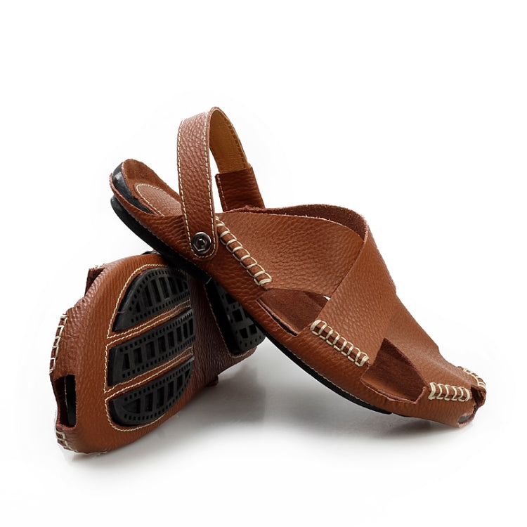 Men Summer Shoes Outdoor Casual Sandals Leather Cowhide Slippers Beach Shoes, Size:44(Light Brown)