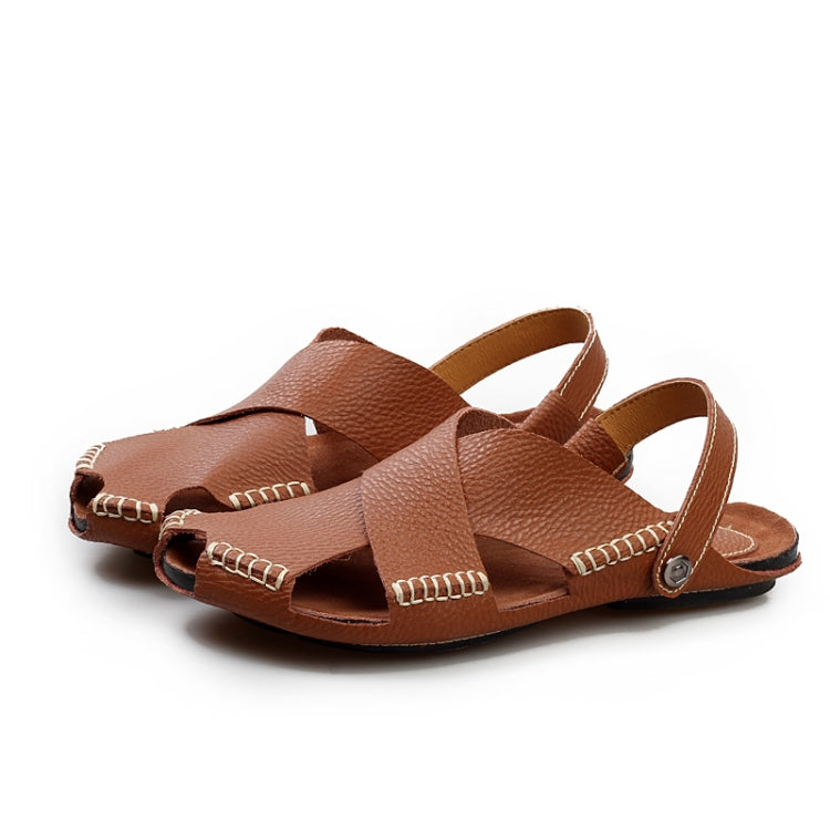 Men Summer Shoes Outdoor Casual Sandals Leather Cowhide Slippers Beach Shoes, Size:44(Light Brown)