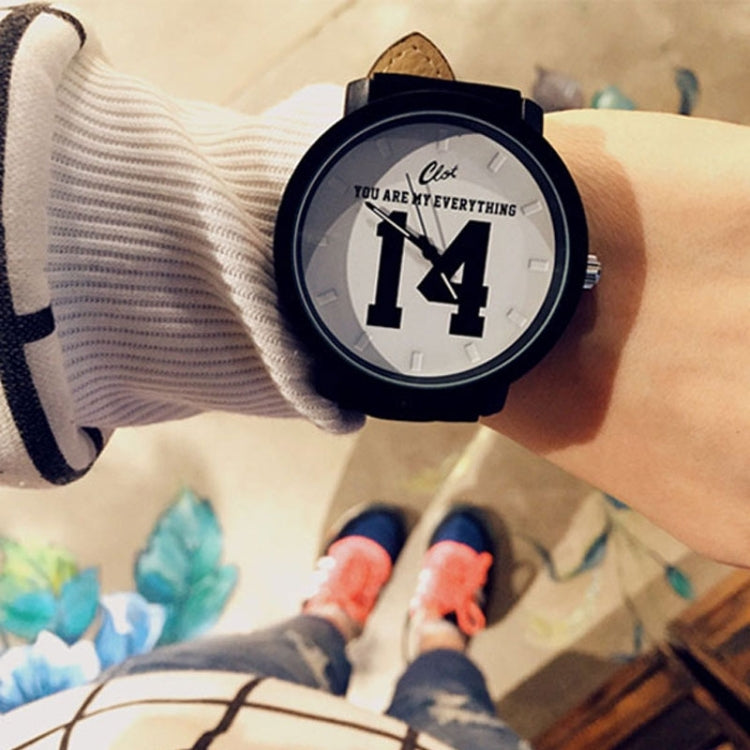 Quartz Analog Faux Black Leather Band Wrist Watch with Number 13 and 14