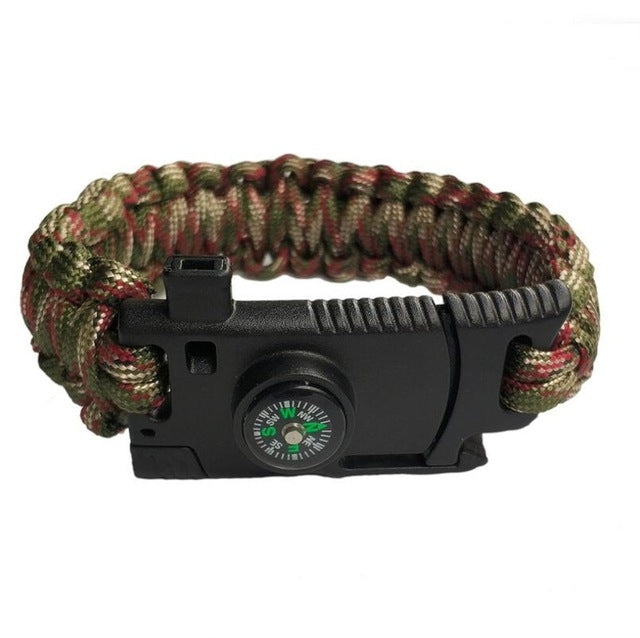 5 in 1 Outdoor Camping Rescue Bracelet with Flint & High-precision Mini Compass & Rope Cutter & Survival Whistle & Umbrella Rope Function