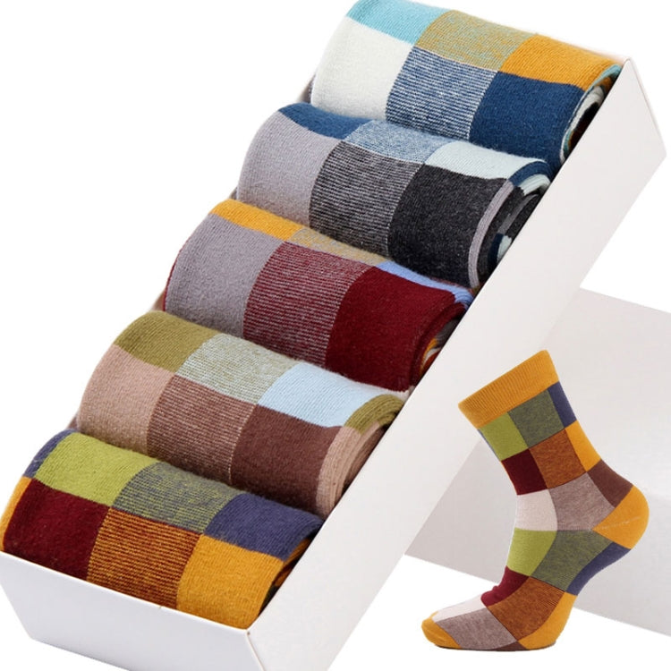 5 Pairs Men Striped Socks Retro Style Personality Lattice Stitching Cotton Comfortable Tube Cotton Men Socks