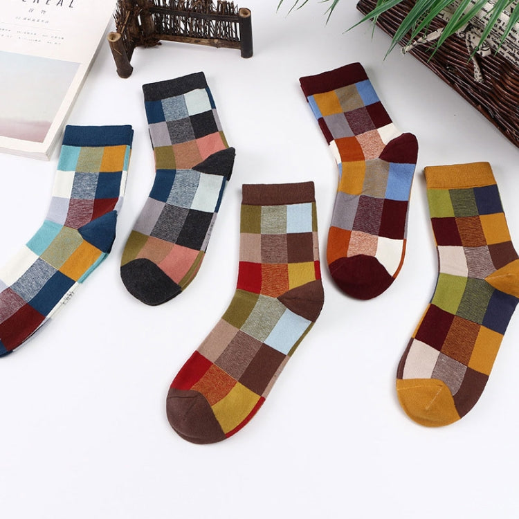 5 Pairs Men Striped Socks Retro Style Personality Lattice Stitching Cotton Comfortable Tube Cotton Men Socks