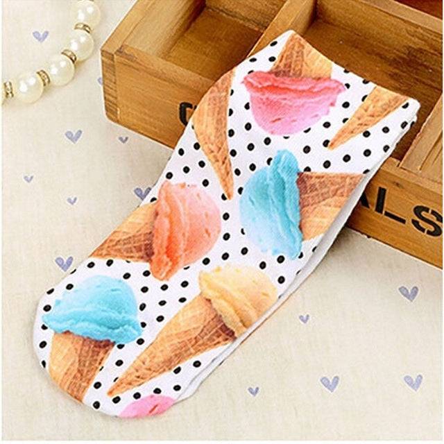 3Pairs 3D Pattern Short Printed Socks Cartoon Straight Ladies Summer Boat Socks