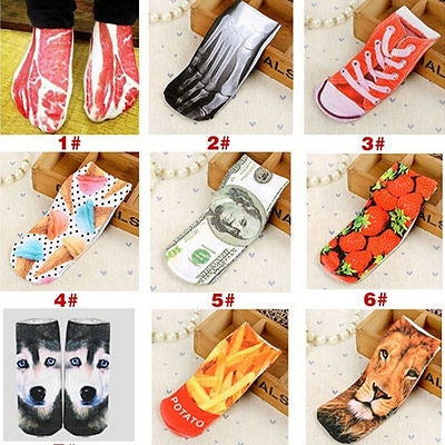 3Pairs 3D Pattern Short Printed Socks Cartoon Straight Ladies Summer Boat Socks