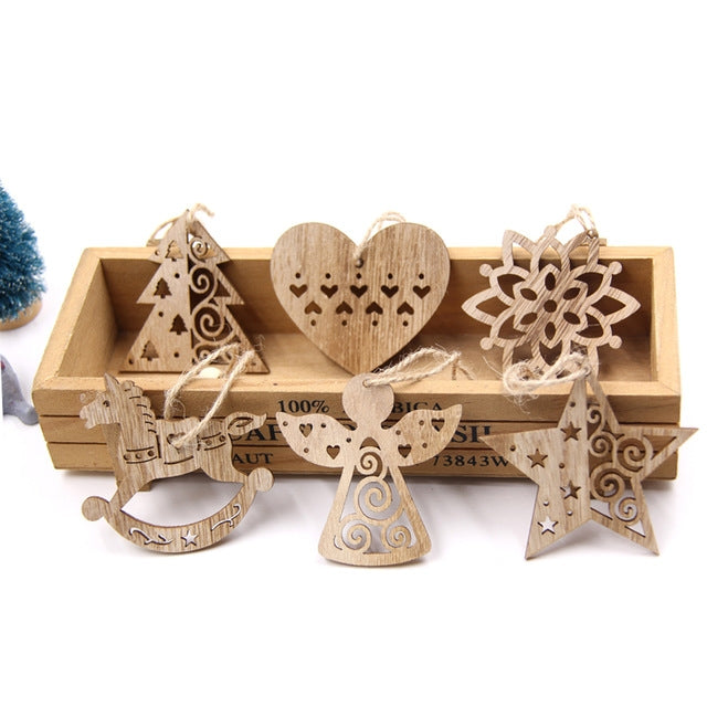 6 PCS  Hollow Christmas Wooden Pendants Ornaments for Xmas Tree Ornament Christmas Party Decorations