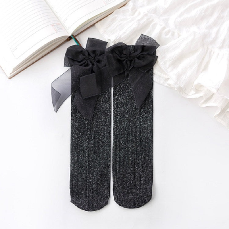 Children Combed Cotton Bow Bright Silk High Knee Socks, Size:One Size