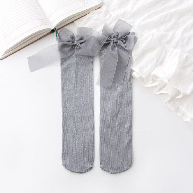 Children Combed Cotton Bow Bright Silk High Knee Socks, Size:One Size
